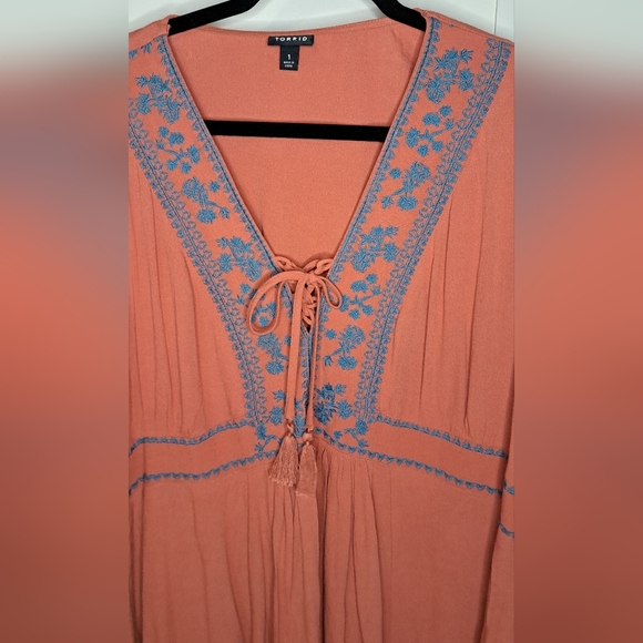 Burnt Orange Babydoll Gauze Lace Up Shirt with Embroidered, Crocheted Accents - Picture 8 of 10